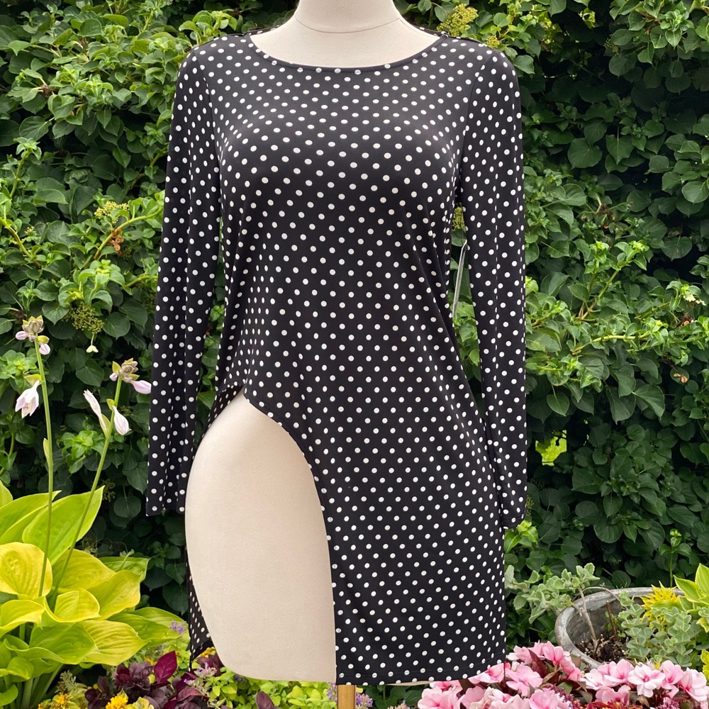 NWT Chaus Playful Black Polka Dot Long Sleeve Blouse Asymmetric Retro Chic - L
